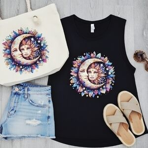 Celestial Sun Moon Tank Top • Boho Cosmic Graphic Sleeveless Shirt • Mystical